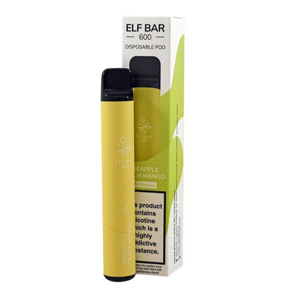 The Elf Bar 600 Pineapple Peach Mango flavour, is a disposable vape device filled with nicotine salt-based e-liquid.
