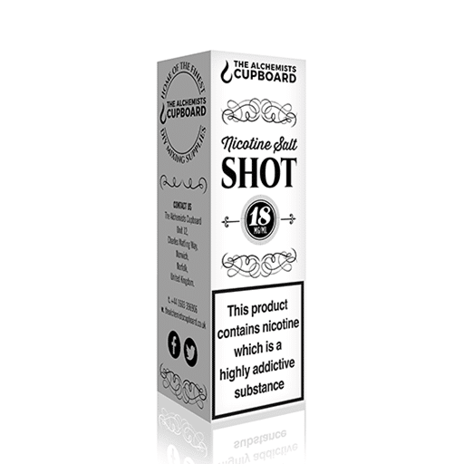 Nicotine Salts Shots are a compliant/ regulated 18mg/ml product. Made using ONLY UK Pharmaceutical grade Nicotine